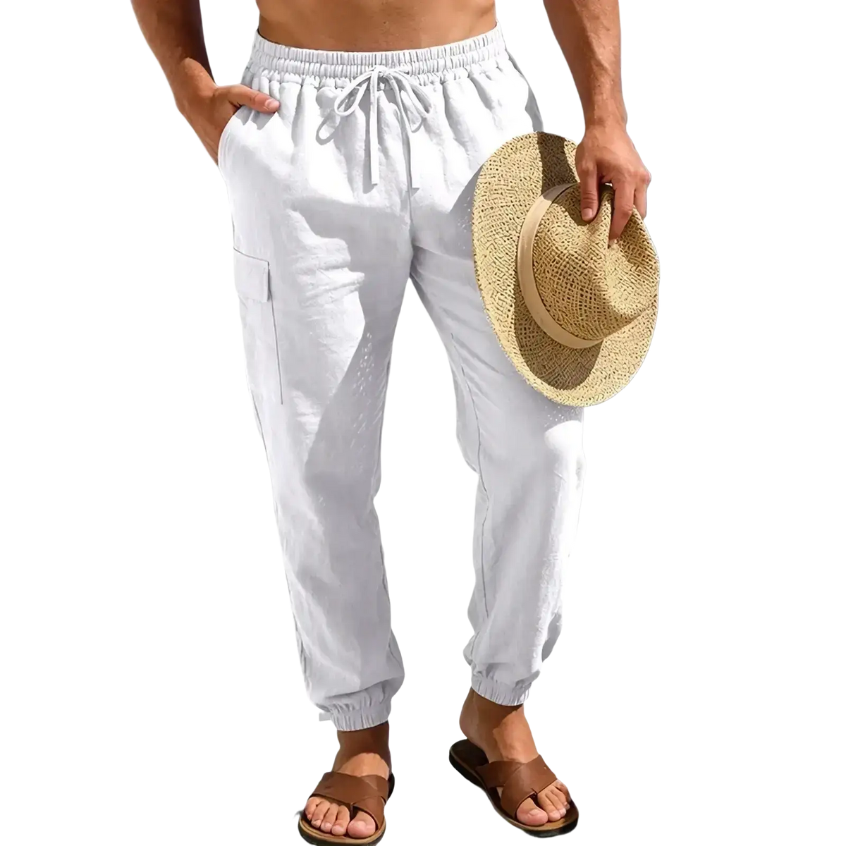 Men white linen cargo pants with drawstring waist elastic cuffs and side pockets for tactical hiking use