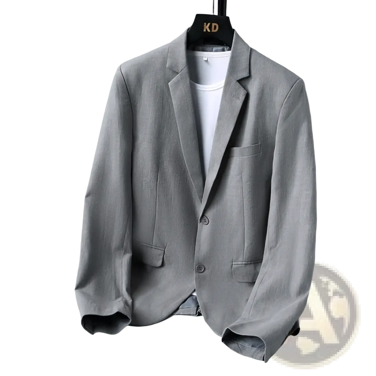 Gray linen men’s casual blazer with subtle texture, two front buttons, and flap pockets, lightweight suit jacket