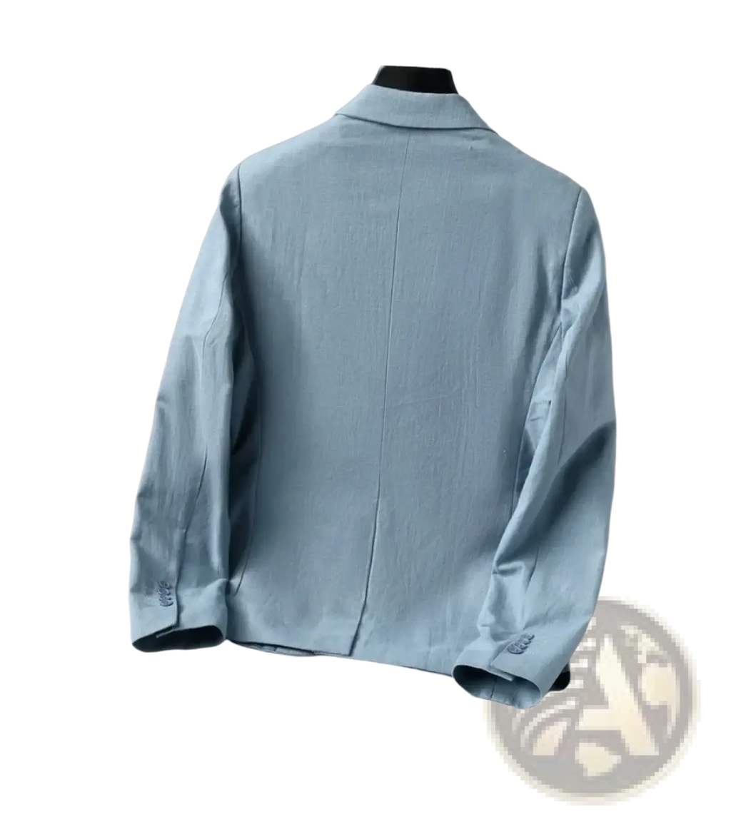 Light blue men linen casual blazer with textured fabric classic collar and buttoned cuffs lightweight suit jacket