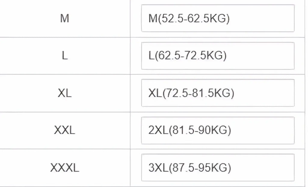 Size chart for men linen casual blazer slim fit suit jacket showing sizes m to xxxl with weight ranges in kilograms