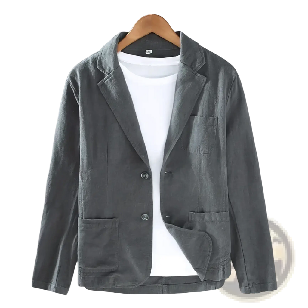 Gray linen slim fit men casual blazer with two front buttons and patch pockets hanging on a wooden hanger
