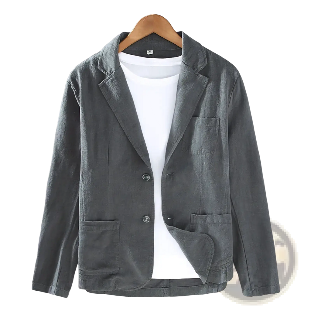 Dark gray linen casual blazer with two front buttons and flap pockets slim fit suit jacket for men