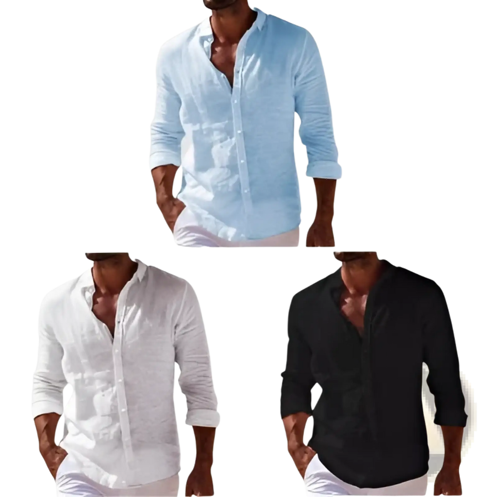 Men linen casual button down shirts in light blue white and black with rolled up sleeves for a relaxed look