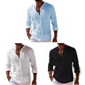 Men linen casual button down shirts in light blue white and black with rolled up sleeves for a relaxed look