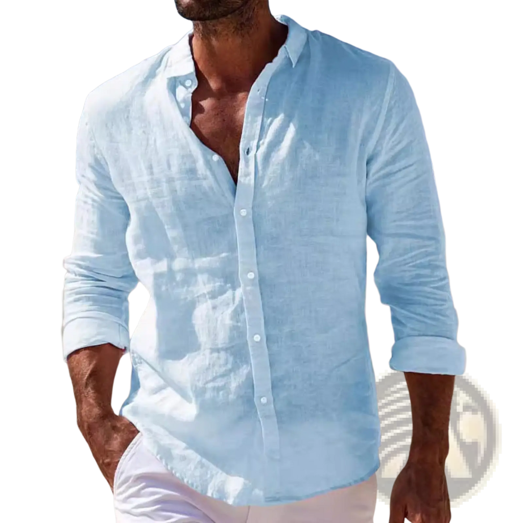 Light blue men linen casual button down shirt with rolled up sleeves made from breathable linen fabric