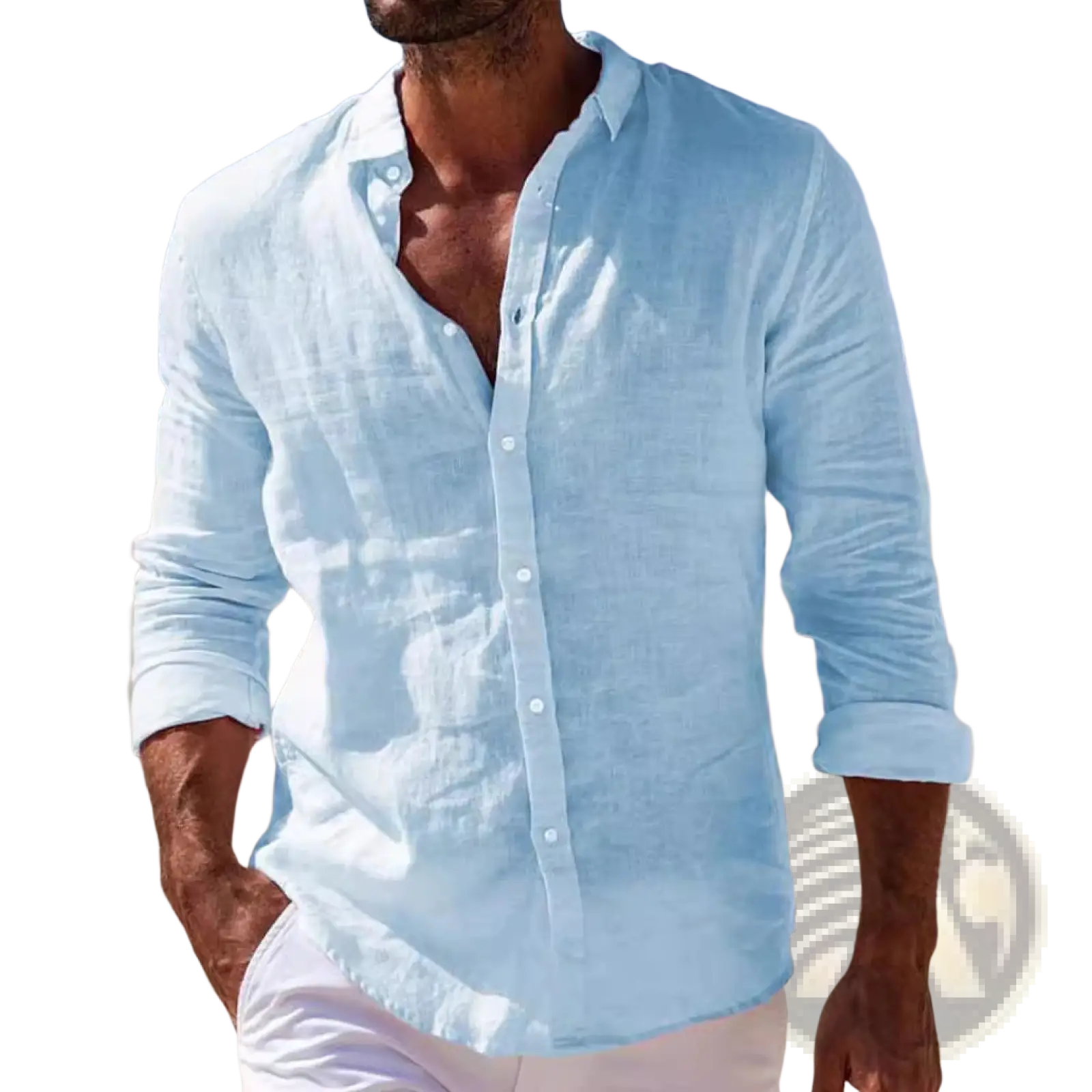 Light blue men linen casual button down shirt with rolled up sleeves made from breathable linen fabric
