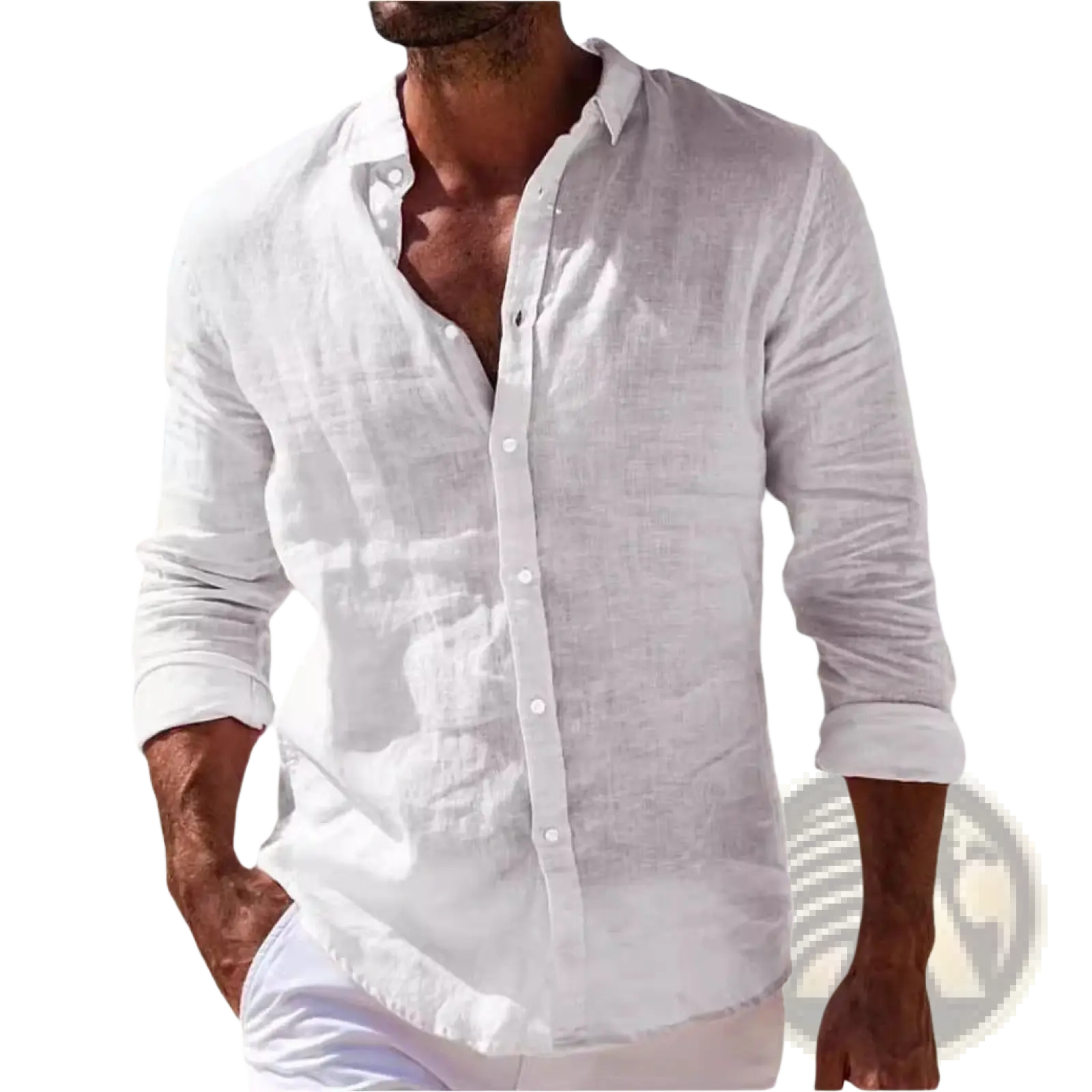 White linen men casual button down shirt with rolled-up sleeves made of breathable fabric for comfortable wear