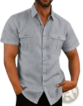 Men linen casual short sleeve beach shirt plus size in light gray with two chest pockets and subtle textured weave