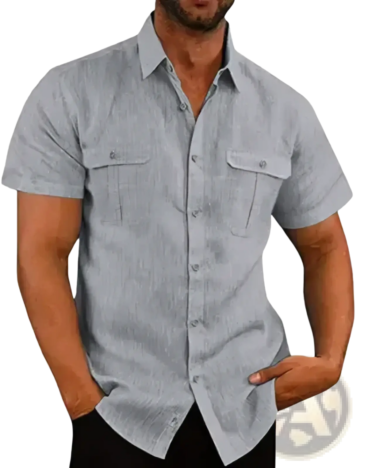 Men linen casual short sleeve beach shirt plus size in light gray with two chest pockets and subtle textured weave