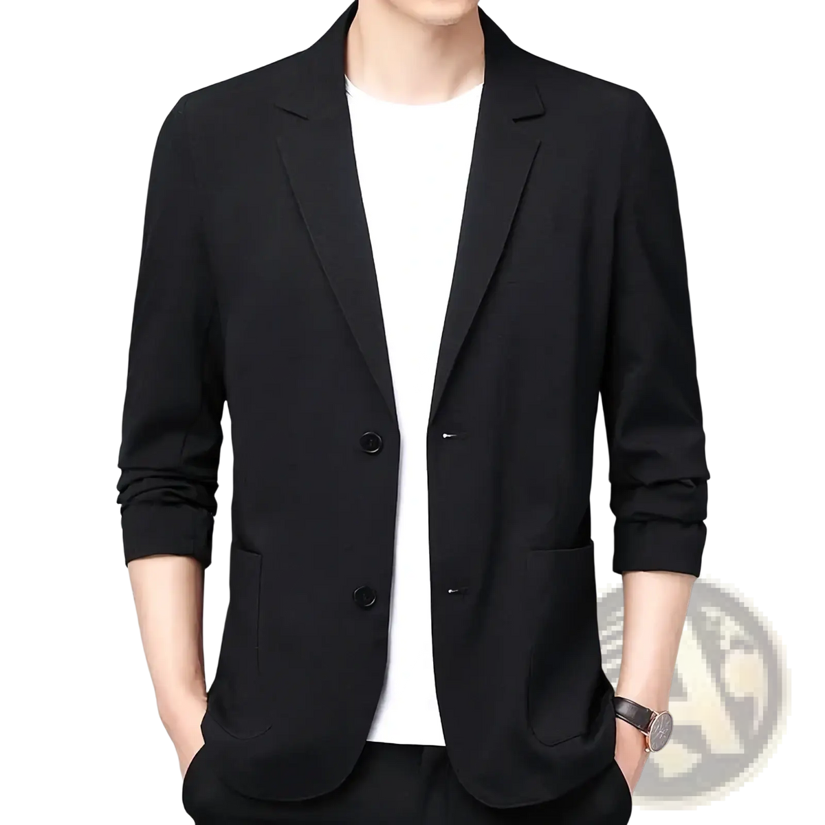 Black men’s linen cotton casual blazer with sleek modern design lightweight two-button front coat