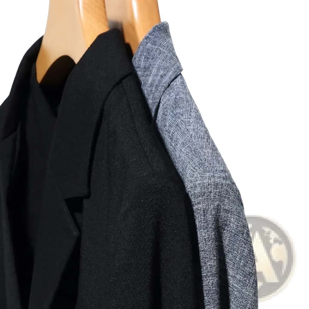 Black and gray textured men linen cotton casual blazers hanging on wooden hangers lightweight coats