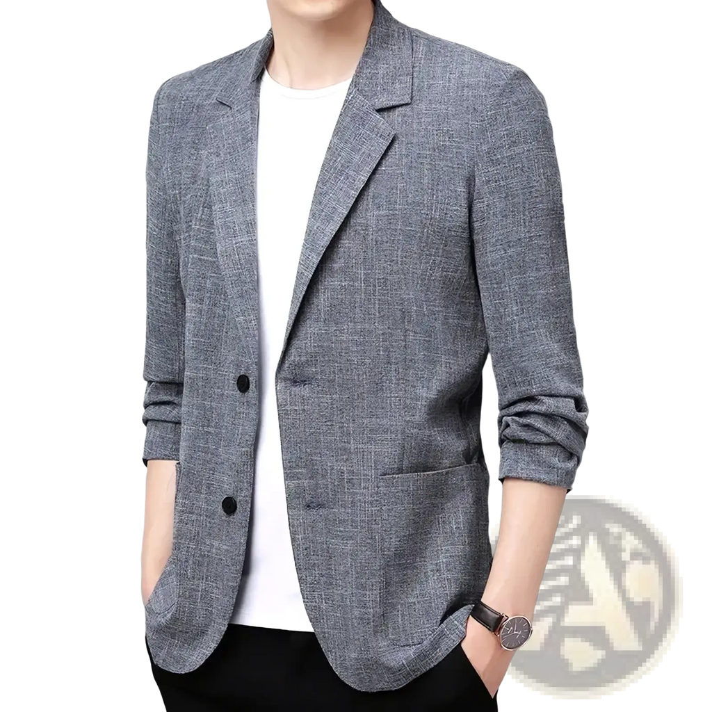 Men linen cotton casual blazer in gray with a subtle check texture and black buttons lightweight coat