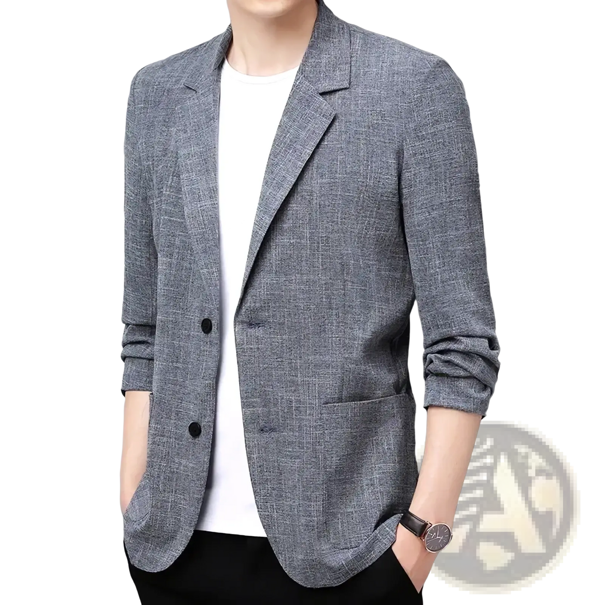 Men linen cotton casual blazer in gray with a subtle check texture and black buttons lightweight coat