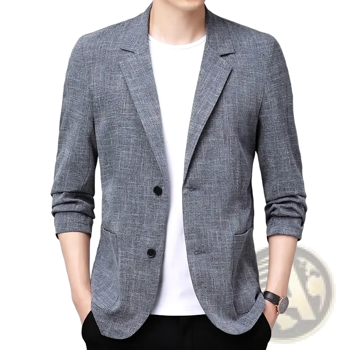 Men linen cotton casual blazer in gray textured fabric with a subtle check pattern and black buttons lightweight coat
