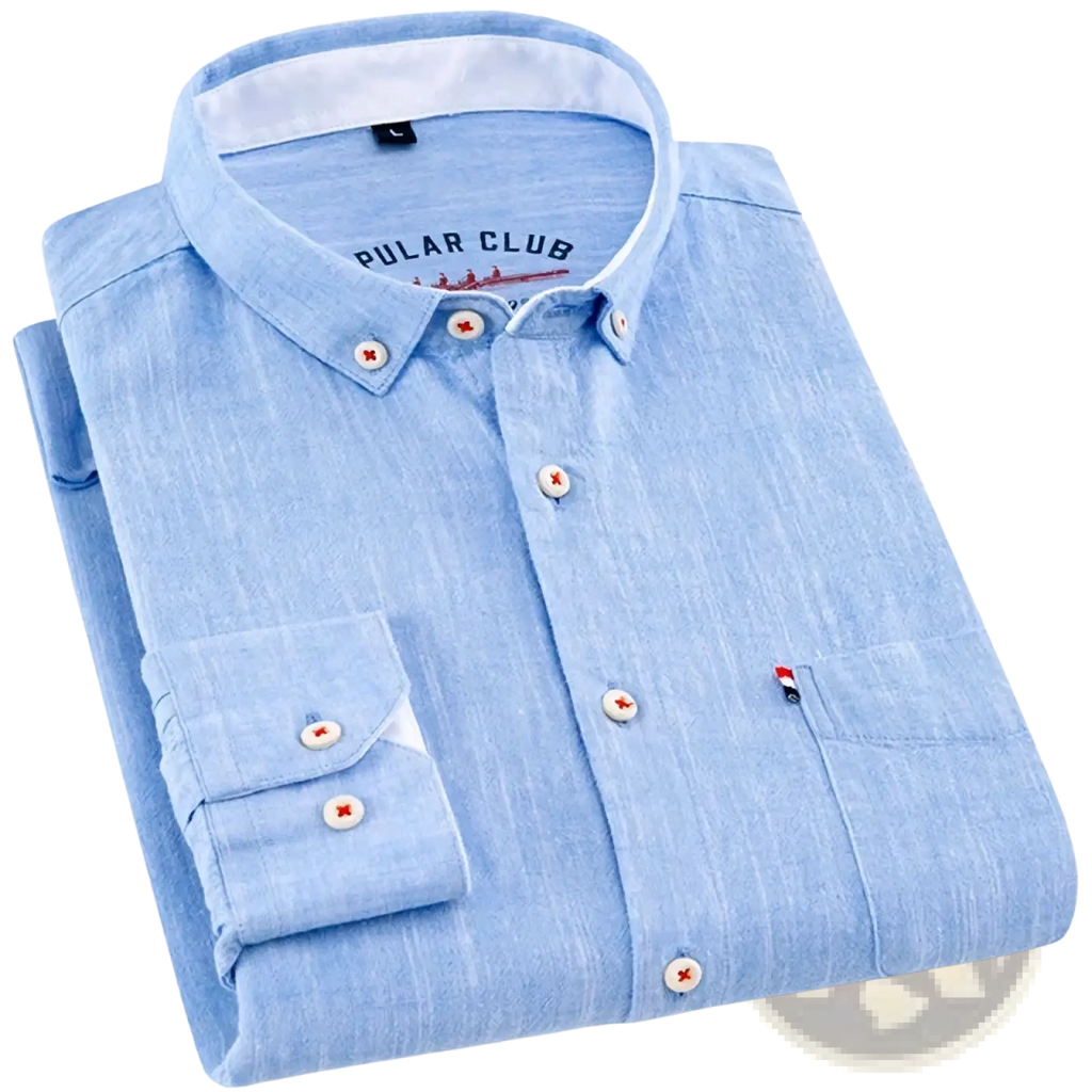 Men linen cotton casual long sleeve shirt in light blue with red cross buttons and subtle polar club logo on collar