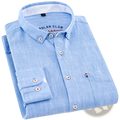 Men linen cotton casual long sleeve shirt in light blue with red cross buttons and subtle polar club logo on collar