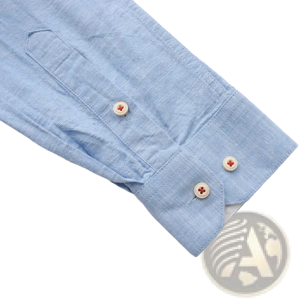 Men linen cotton casual long sleeve shirt sleeve in light blue with three white buttons featuring red cross details