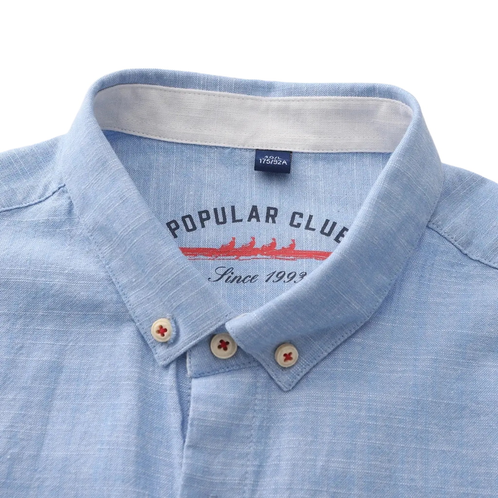 Men linen cotton casual long sleeve shirt in light blue with white inner collar and embroidered chest design