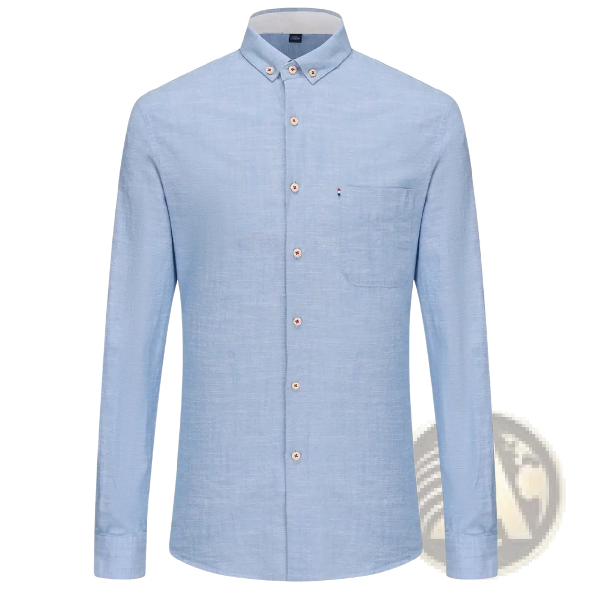 Men linen cotton casual long sleeve shirt in light blue with subtle texture beige buttons and chest pocket logo