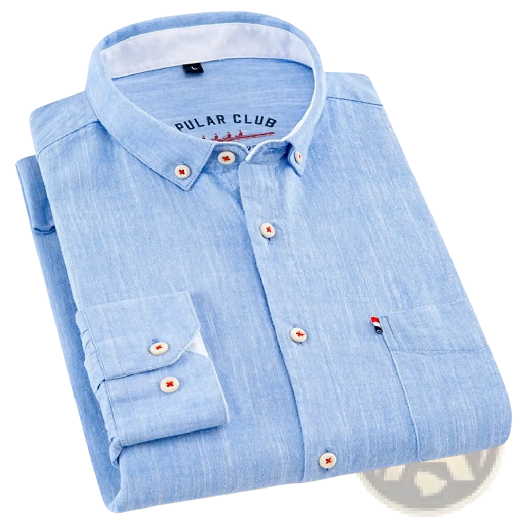 Men linen cotton casual long sleeve shirt in light blue with white buttons red crosses and logo on chest pocket