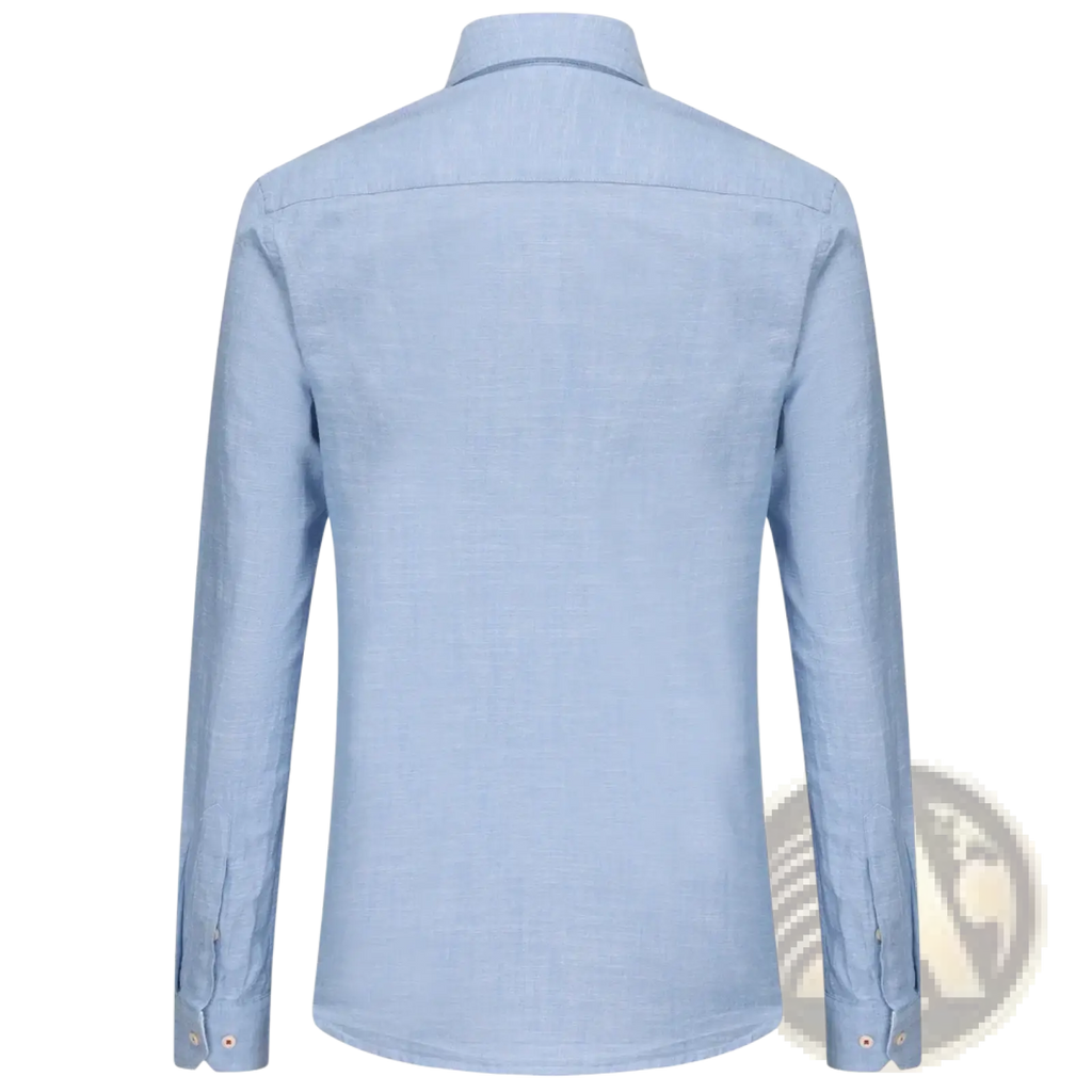Light blue men linen cotton casual long sleeve shirt with subtle textured weave and classic collar