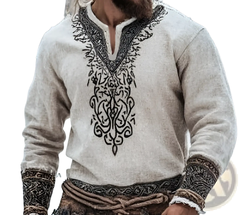 Beige long-sleeved linen sweater with intricate black embroidered patterns on neckline cuffs and waistband