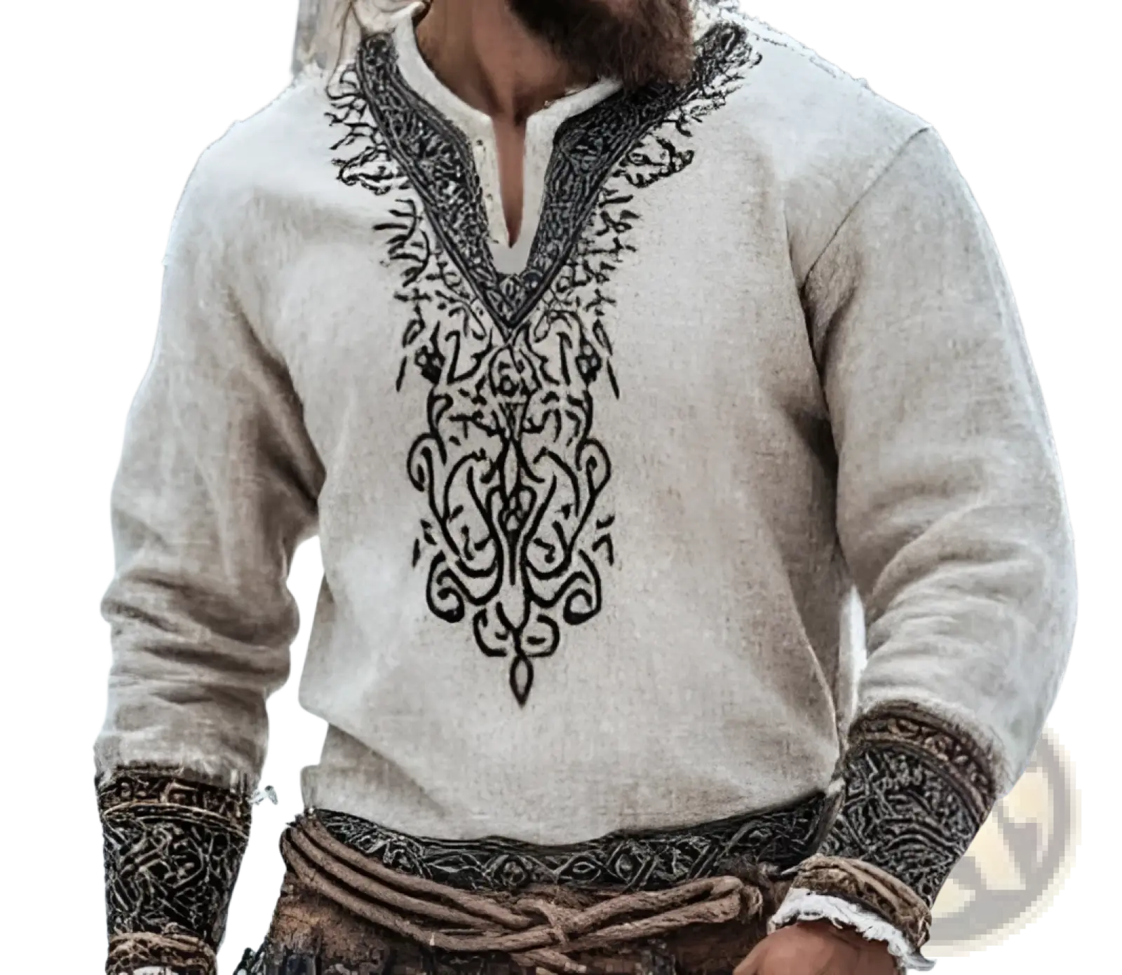 Beige long-sleeved linen sweater with intricate black embroidered patterns on neckline cuffs and waistband
