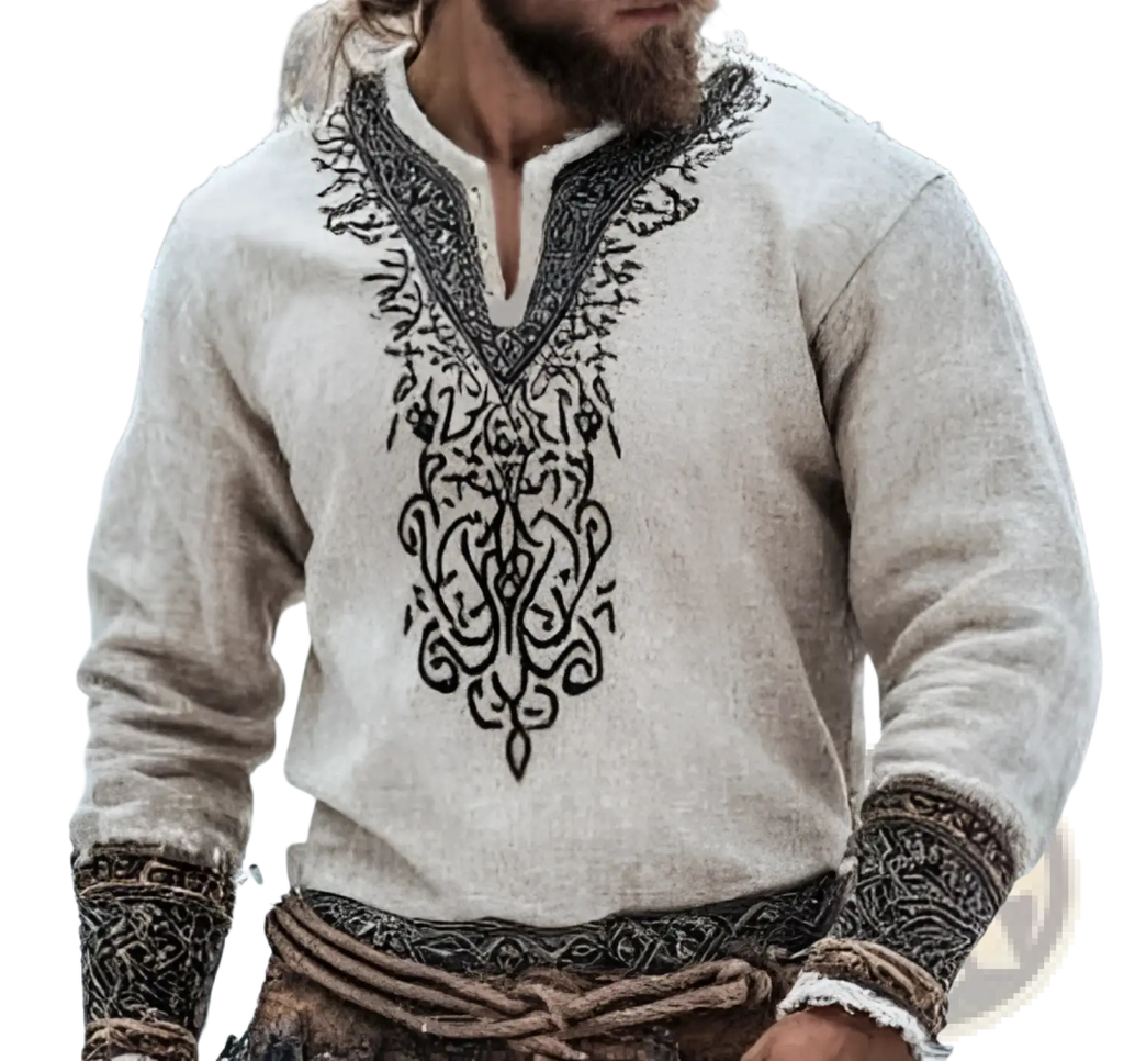 Men beige linen long-sleeved shirt with intricate black embroidered patterns along the neckline and cuffs