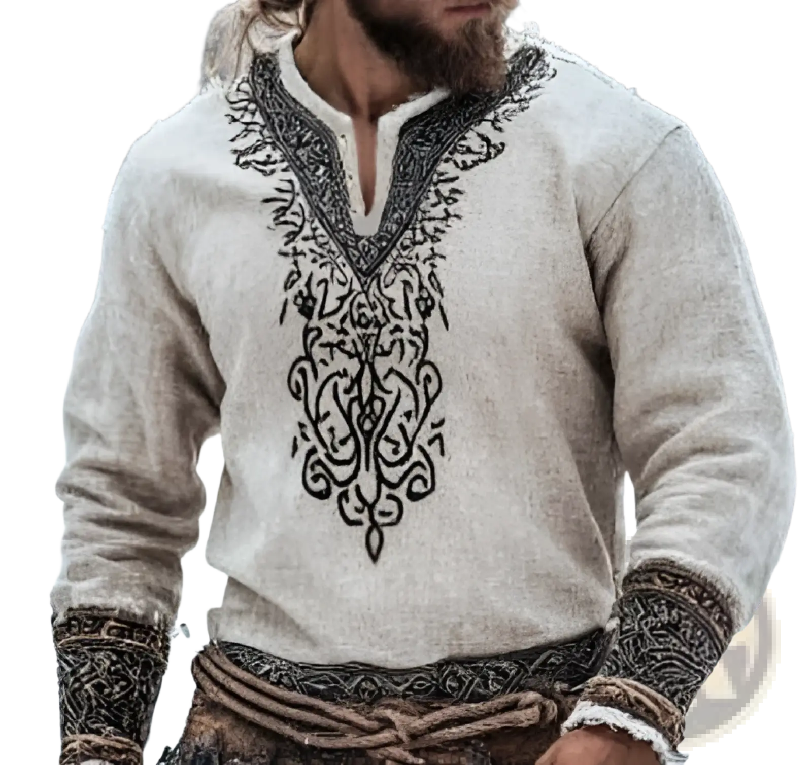 Men beige linen long-sleeved shirt with intricate black embroidered patterns along the neckline and cuffs
