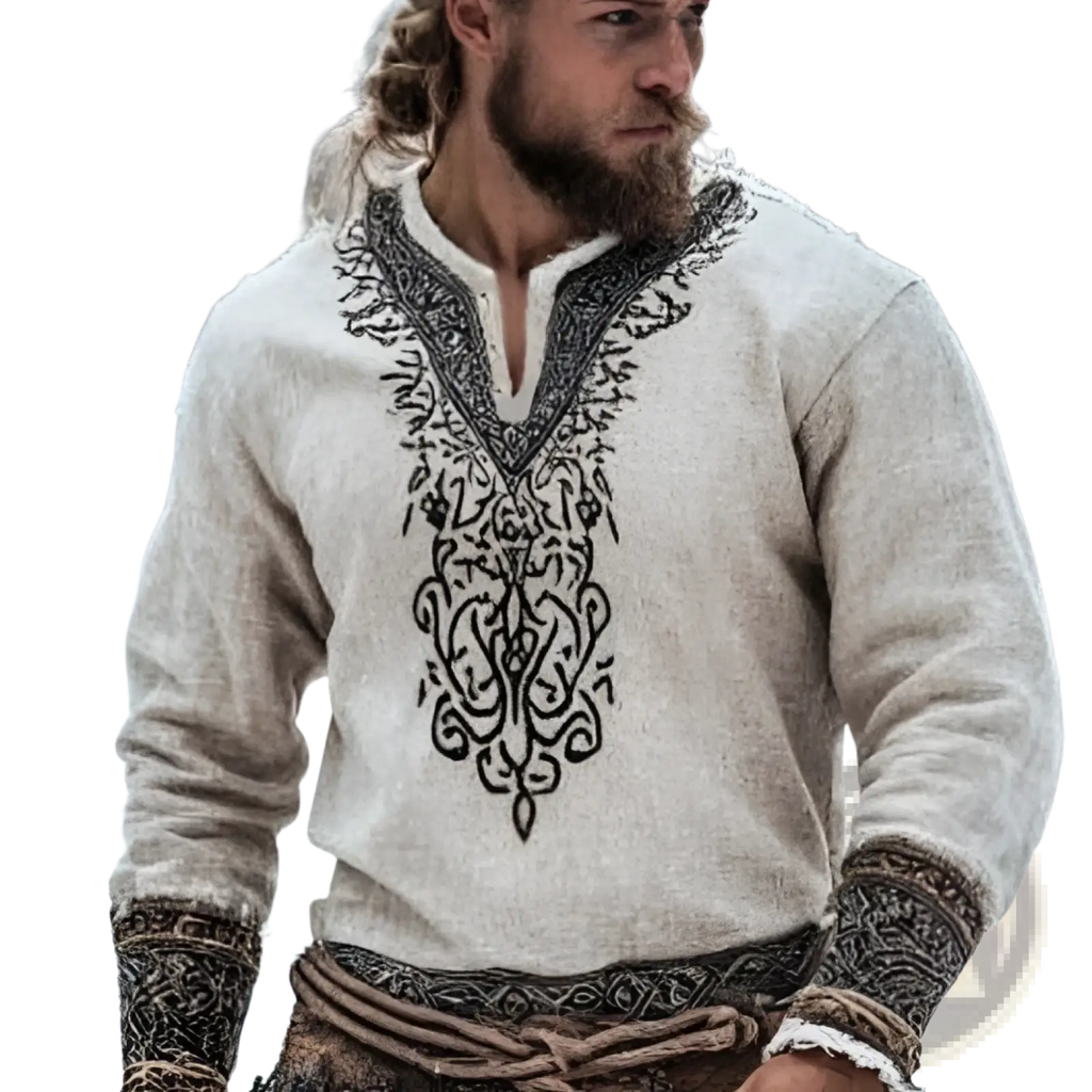 Beige men linen tunic with intricate black embroidered patterns on neckline cuffs and waistband digital print shirt