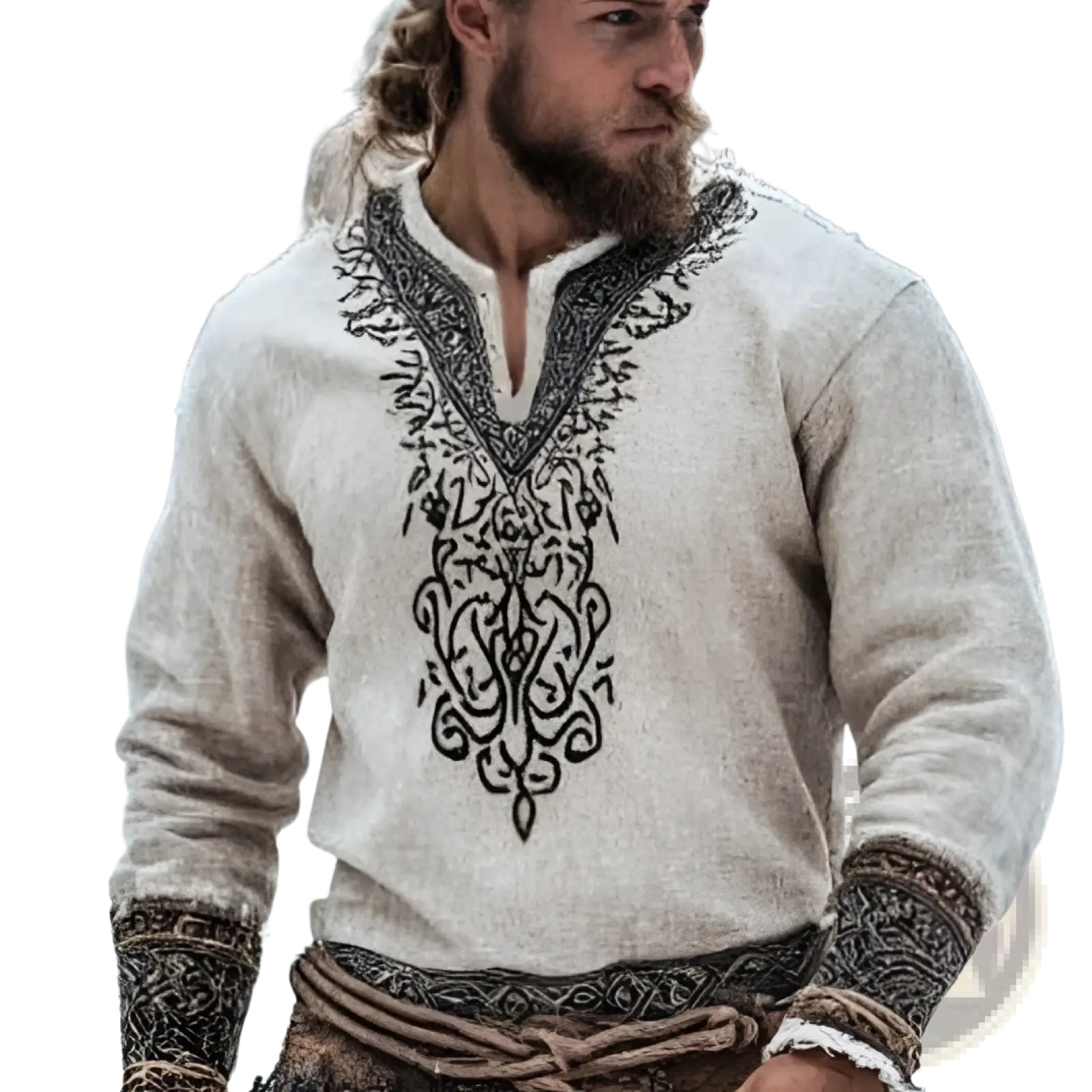 Beige men linen tunic with intricate black embroidered patterns on neckline cuffs and waistband digital print shirt