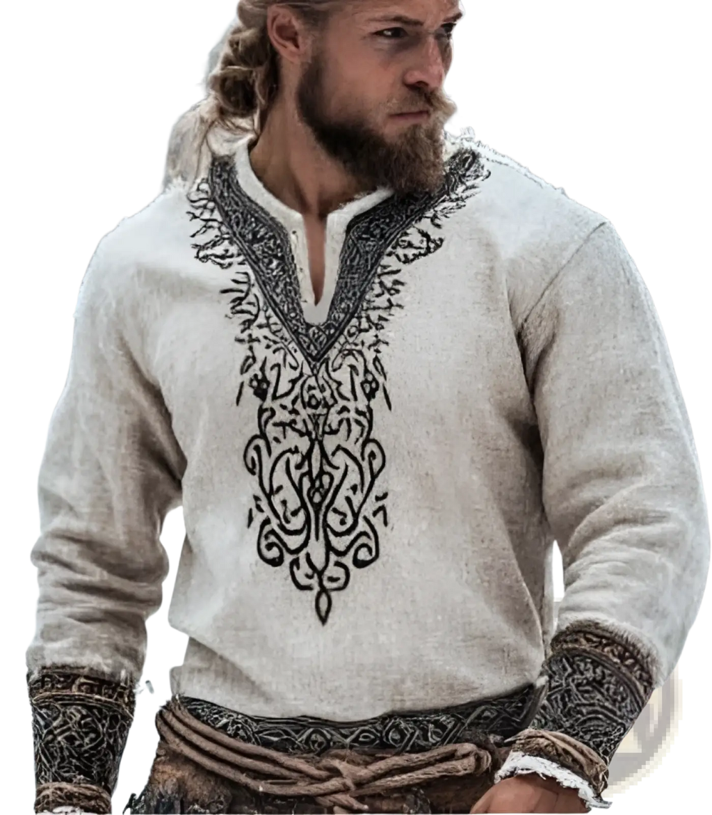 Men linen digital print short sleeve t-shirt in cream linen with black embroidered patterns on neckline sleeves and waistband