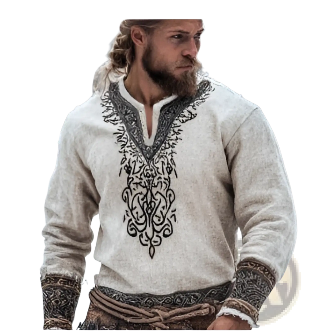 A man wearing a cream-colored men linen digital print short sleeve t-shirt with black embroidered patterns on the neckline and cuffs