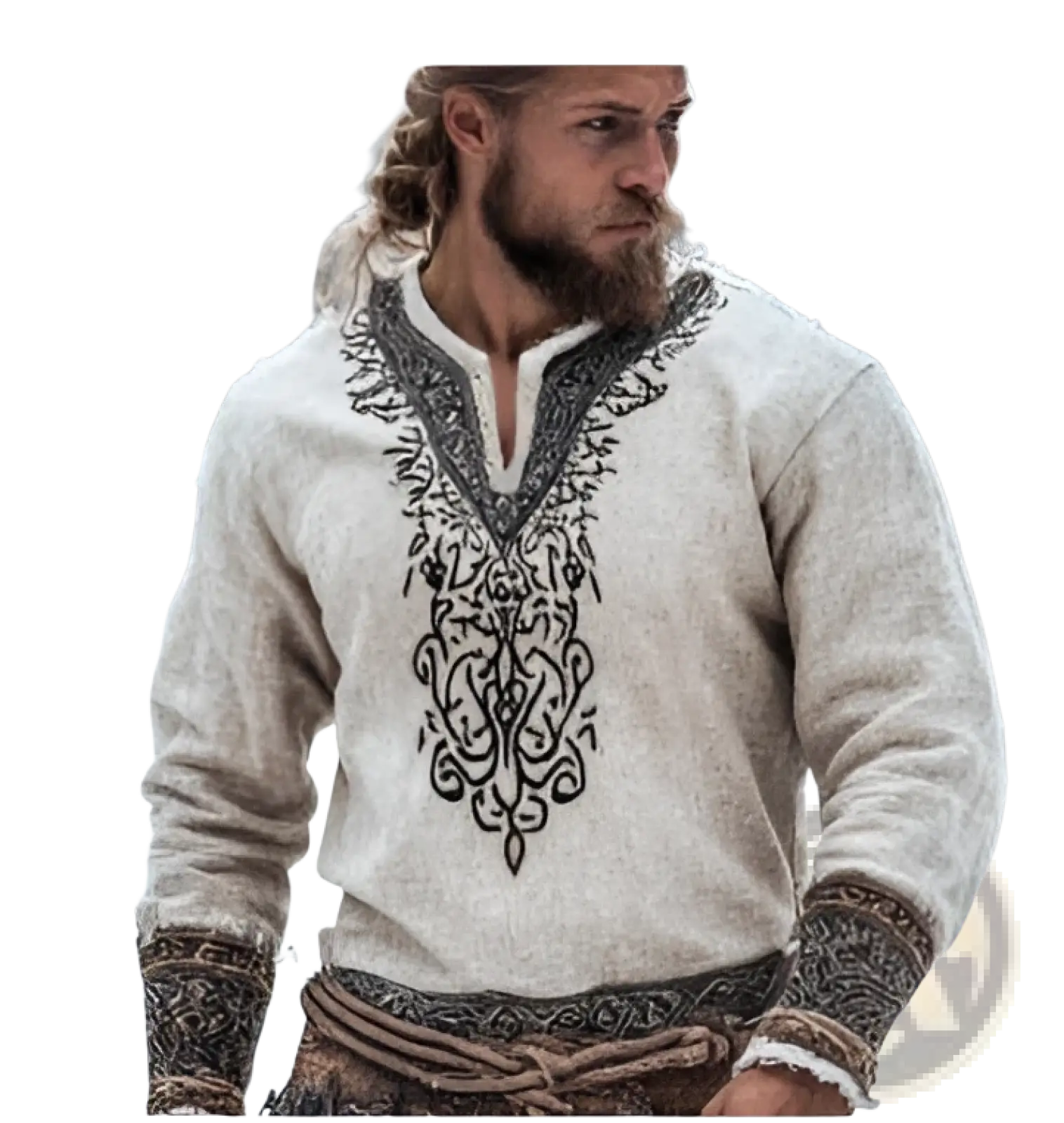 A man wearing a cream-colored men linen digital print short sleeve t-shirt with black embroidered patterns on the neckline and cuffs