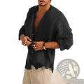 Men linen half sleeve shirt in dark gray textured linen with rolled sleeves and a relaxed loose fit for casual summer wear