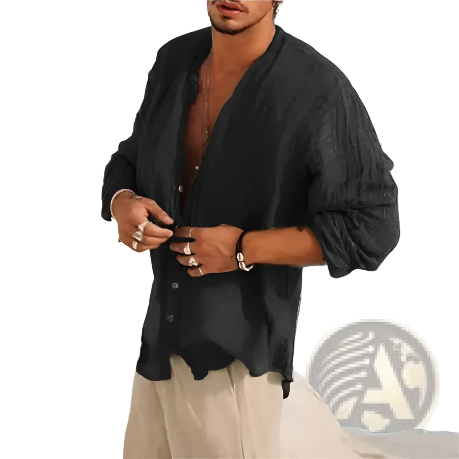 Men linen half sleeve shirt in dark gray textured linen with rolled sleeves and a relaxed loose fit for casual summer wear