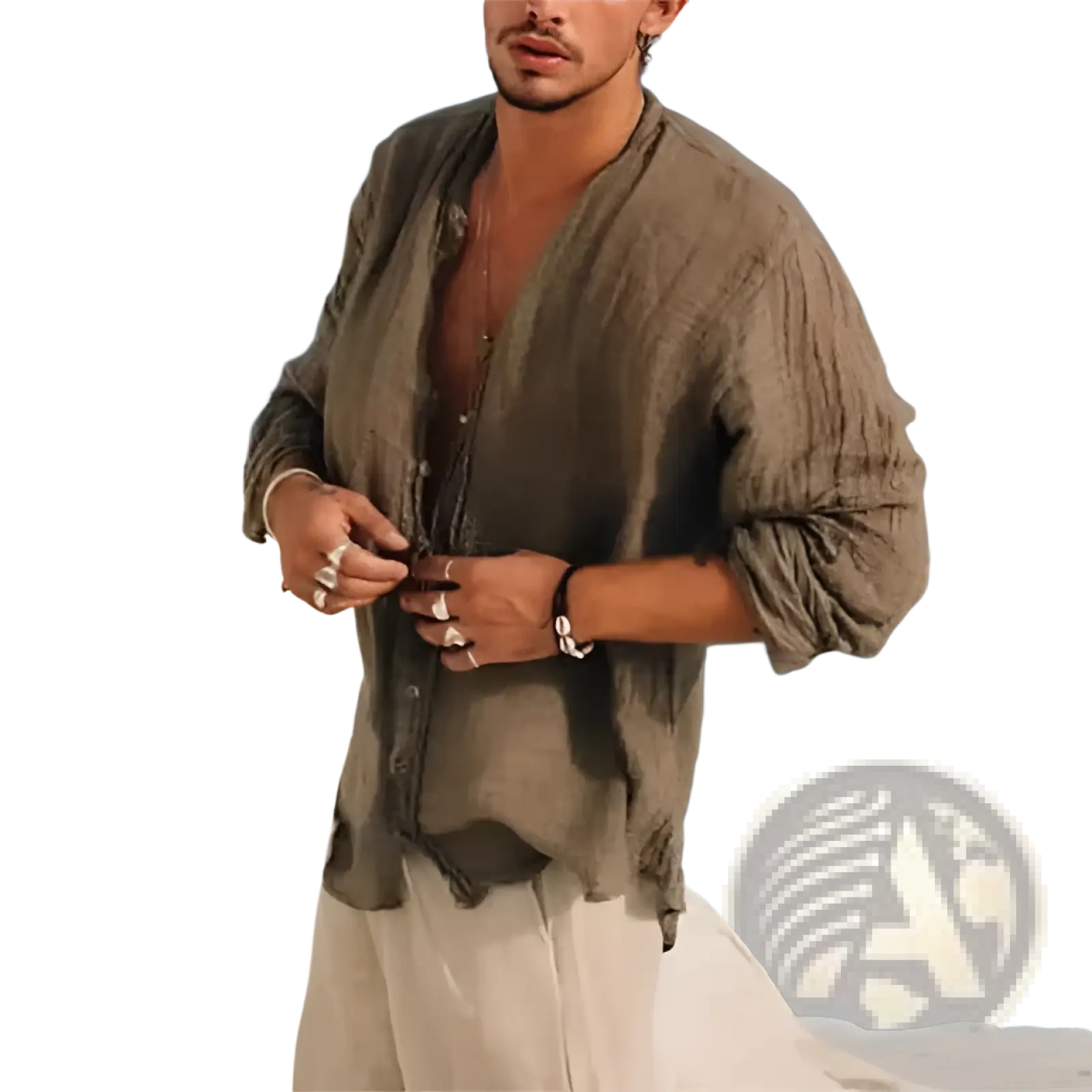 Men olive green linen half sleeve shirt with textured fabric rolled sleeves and relaxed fit for casual summer wear