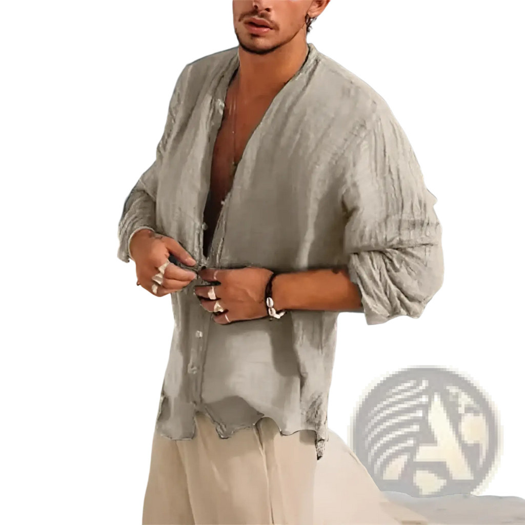 Light gray loose-fitting linen men half sleeve shirt with v-neck and button front casual summer top