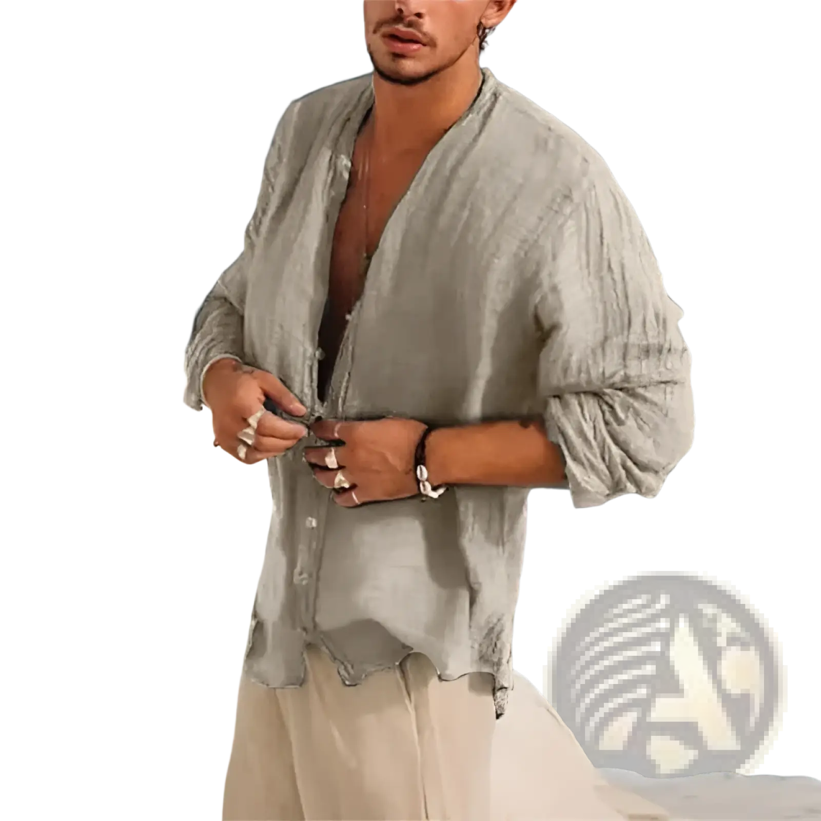 Light gray loose-fitting linen men half sleeve shirt with v-neck and button front casual summer top