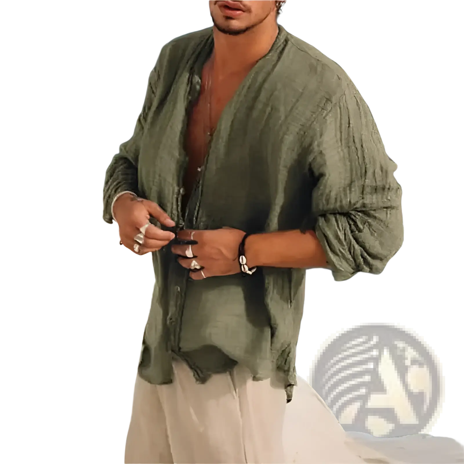 Olive green linen button-up shirt for men with rolled sleeves and relaxed fit casual loose summer top