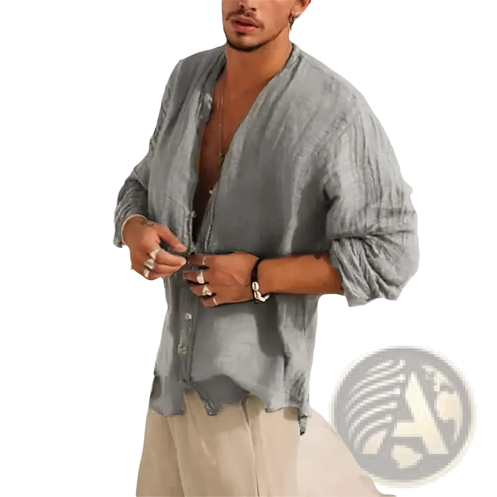 Men linen half sleeve shirt in light gray with a loose fit button-down front for casual summer wear