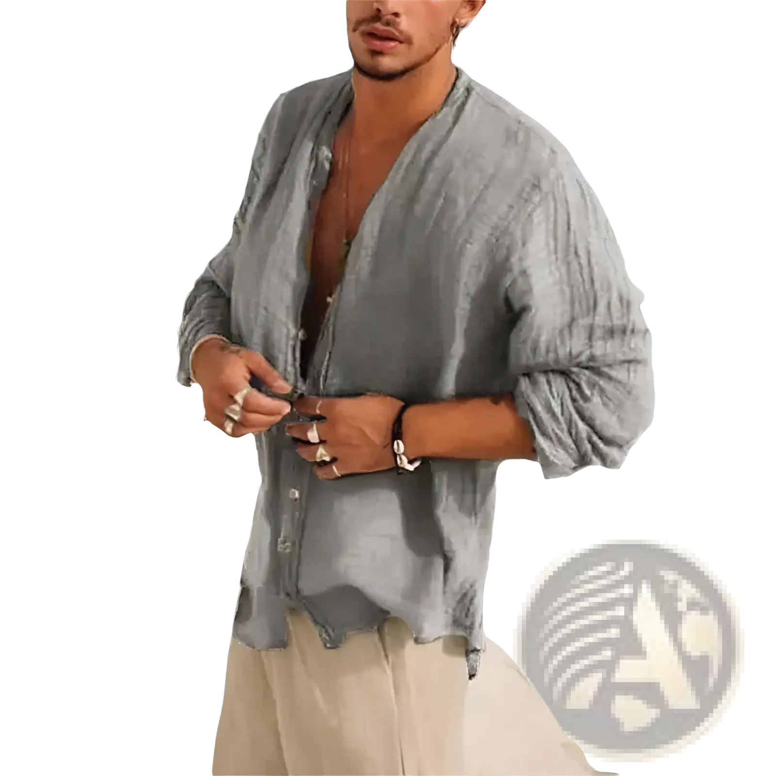 Men linen half sleeve shirt in light gray with a loose fit button-down front for casual summer wear
