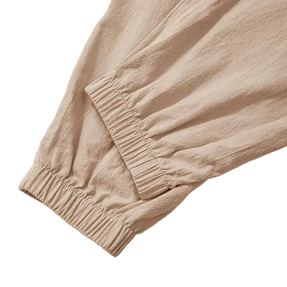 Beige cotton linen harem pants with elastic cuffs loose fit joggers for men casual wear