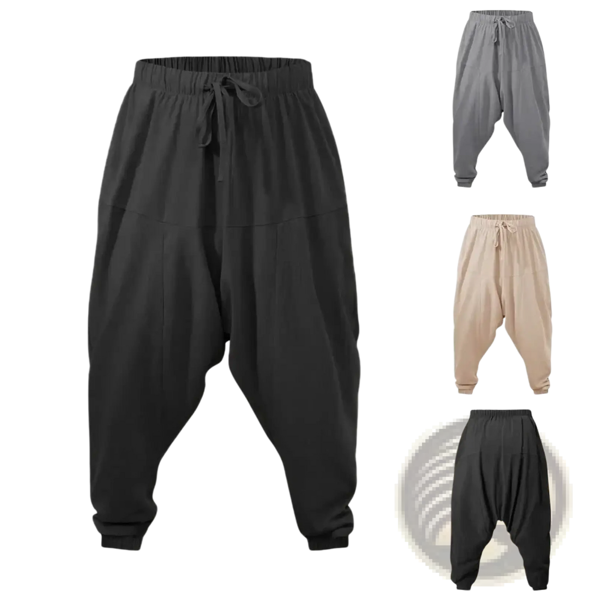 Black men linen harem pants with elastic waistband drawstring loose fit tapering to ankles for comfortable joggers