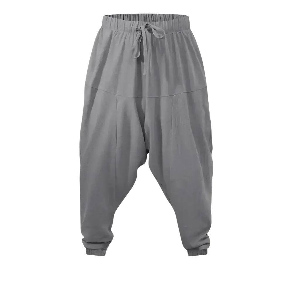 Men linen harem pants in gray featuring a loose fit with elastic waistband and drawstring for comfort and style