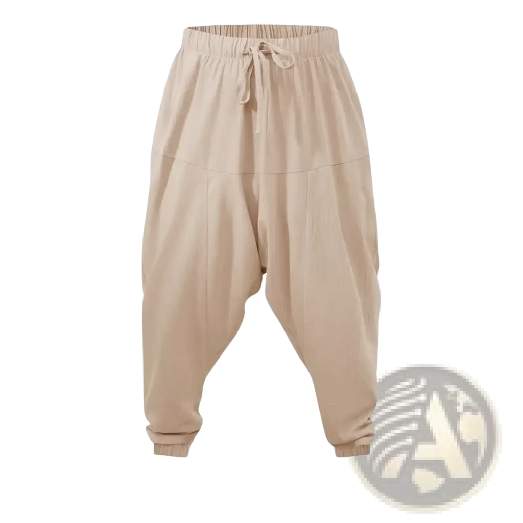 Men linen harem pants loose fit joggers in beige with elastic waistband and drawstring for comfortable wear