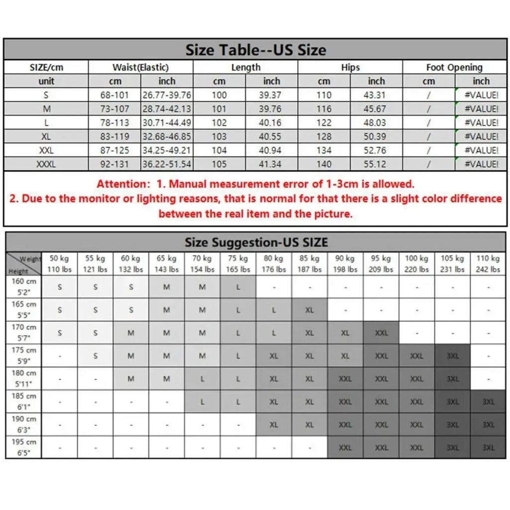 Size chart for men linen harem pants loose fit joggers showing US sizes with waist length hips and foot opening in cm and inch