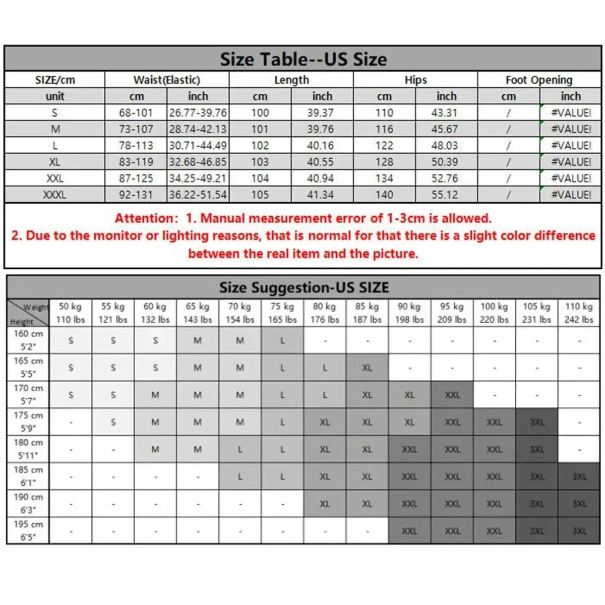 Size chart for men linen harem pants loose fit joggers showing US sizes with waist length hips and foot opening in cm and inch