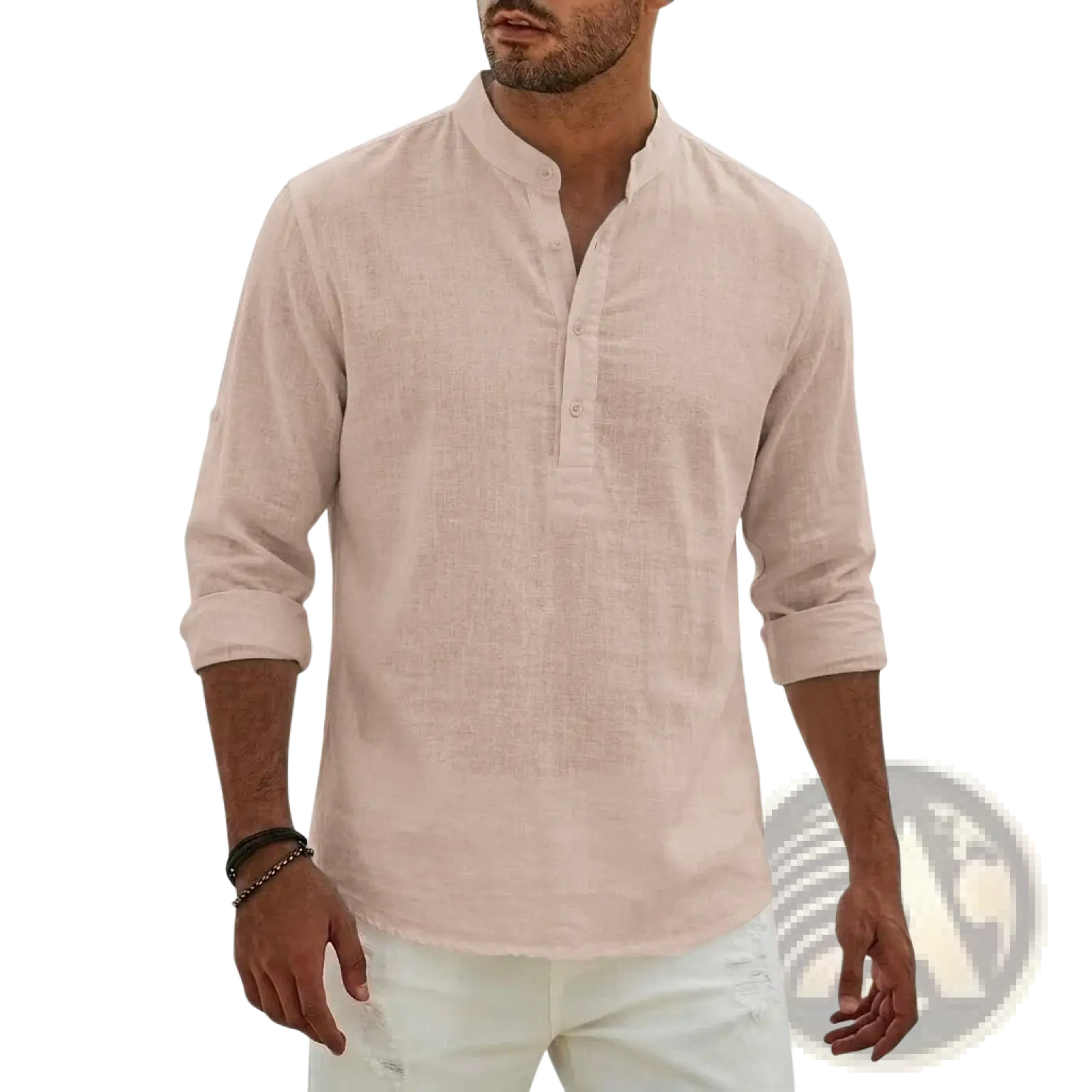 A light beige men linen henley shirt with long sleeves, mandarin collar, and rolled cuffs for casual summer wear