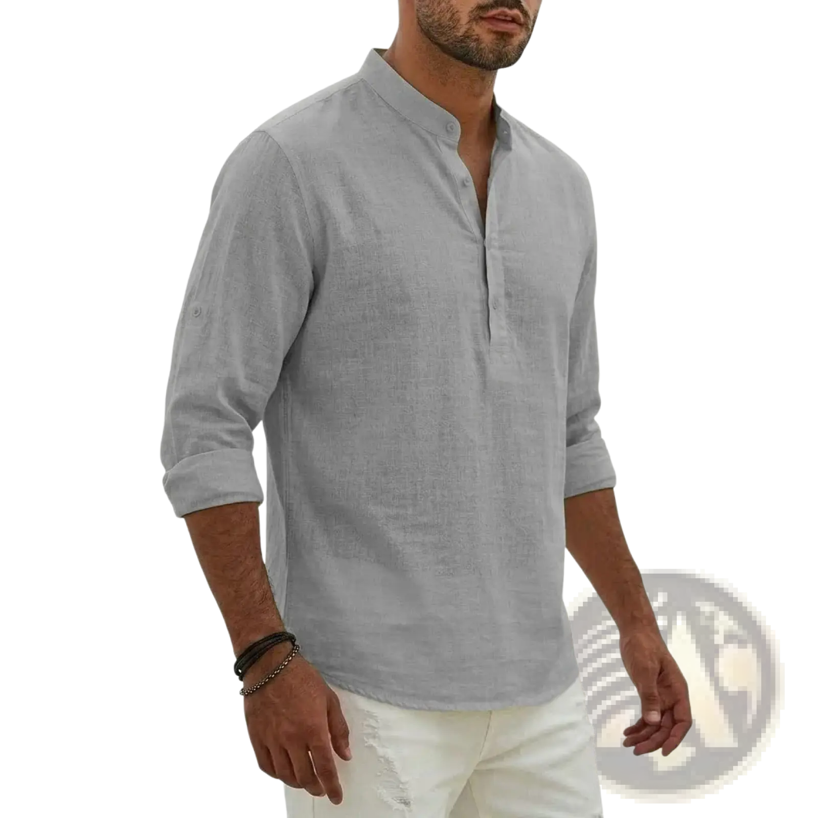 Light gray linen men henley shirt with mandarin collar and rolled-up sleeves casual long sleeve summer top